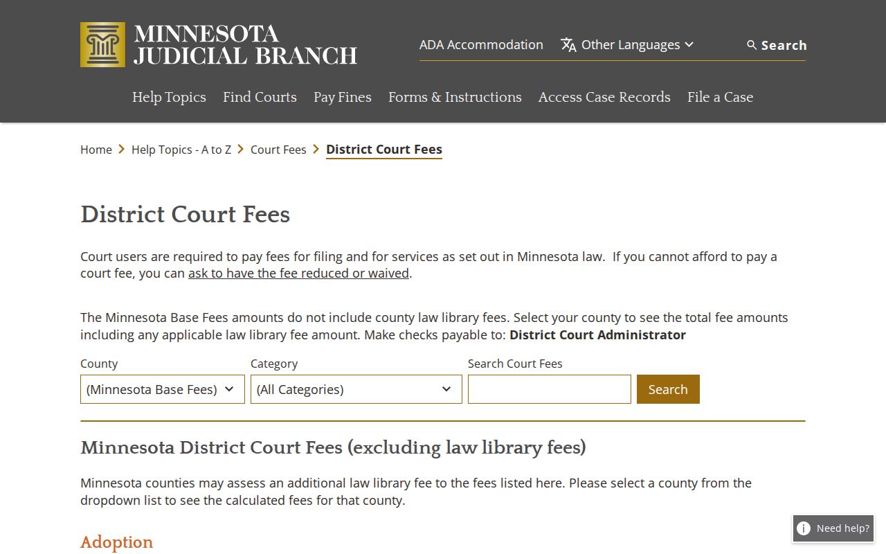 Minnesota court records certified and exemplified copy fee table