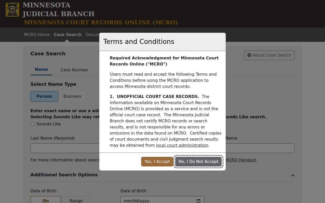 Minnesota court docket search form in MCRO