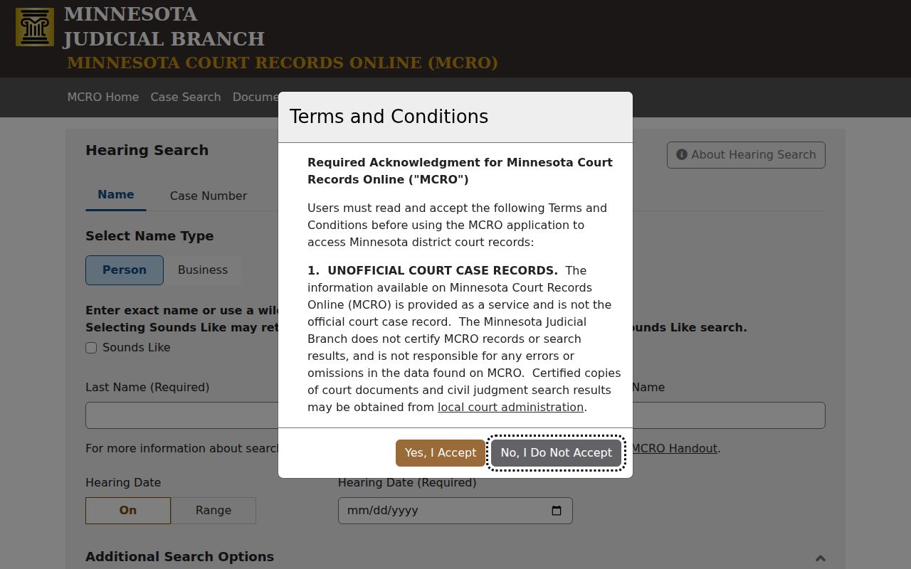 Minnesota MCRO hearing search form for statewide court dates