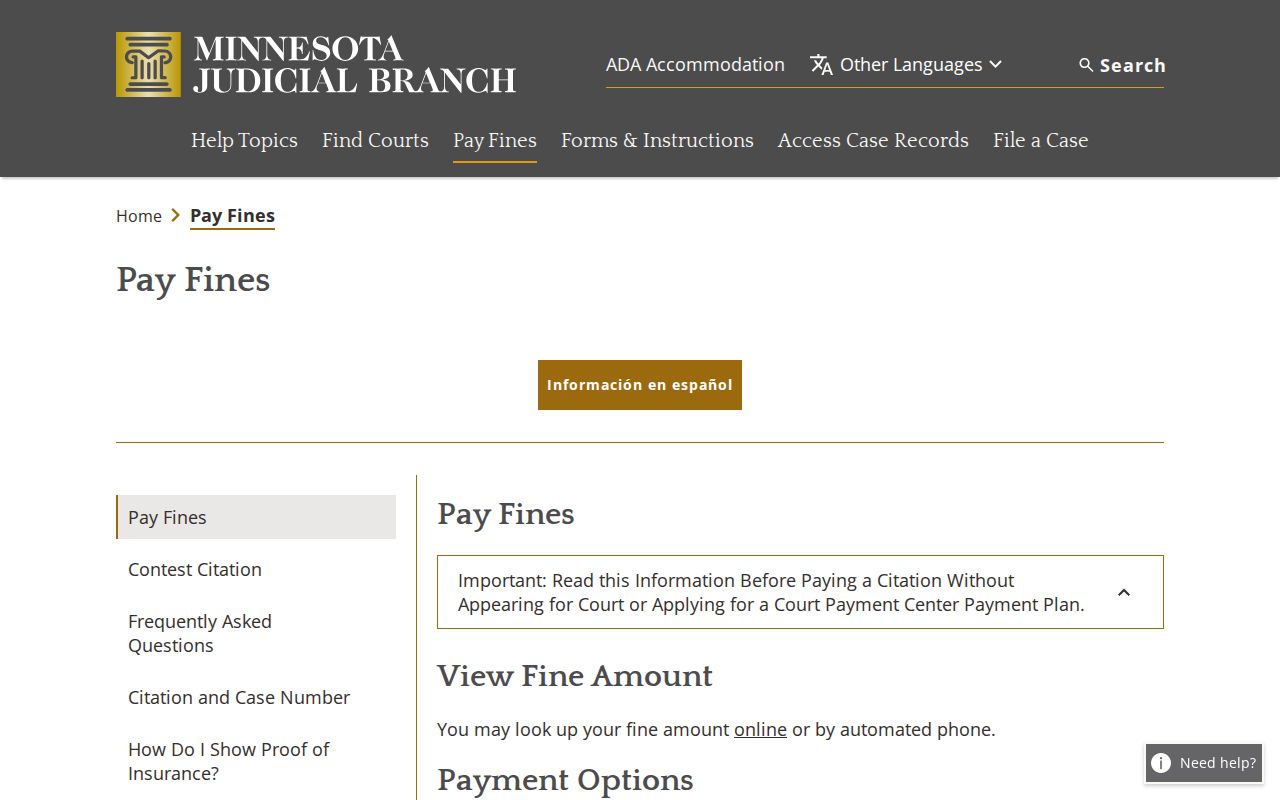 Minnesota traffic ticket payment instructions from the Judicial Branch