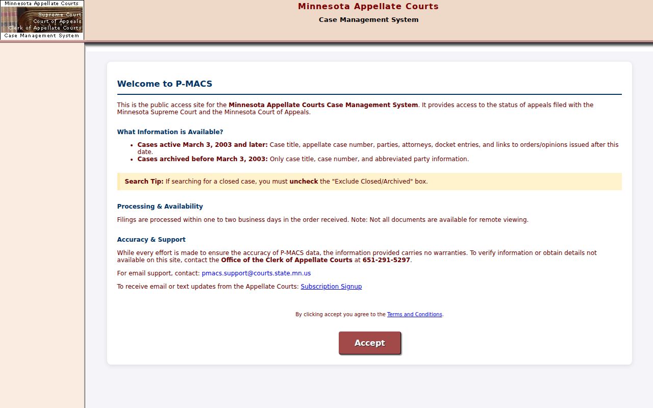 Minnesota appellate court docket search in P-MACS